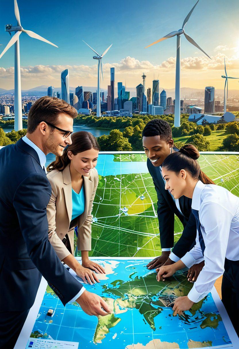 A dynamic scene showcasing a diverse group of professionals collaborating around a high-tech digital map of renewable energy sources like wind, solar, and hydro. In the background, a futuristic city skyline with green buildings and energy-efficient infrastructure. Bright sunlight illuminating the vibrant colors of nature and technology intertwined. Emphasize a sense of hope and innovation. super-realistic. vibrant colors. 3D.