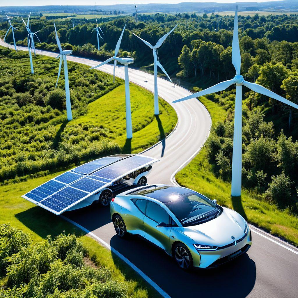 A futuristic landscape showcasing advanced clean energy technologies, featuring solar panels, wind turbines, and a sleek electric vehicle on a sunlit road. Incorporate lush greenery and a clear blue sky, symbolizing a sustainable future. Capture elements of innovation and technology such as drones and smart grids in the background. A vibrant color palette to evoke optimism and forward-thinking. super-realistic. vibrant colors. clear background.