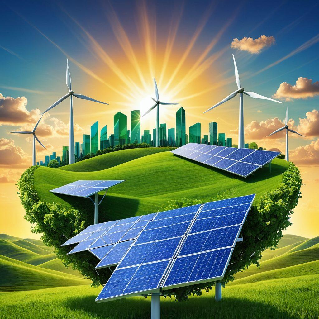 A dynamic collage showcasing various green energy solutions, featuring a radiant sun symbolizing solar power, sleek wind turbines spinning amid lush green hills, and waves representing hydro power. The background should reflect a vibrant blue sky transitioning into a sunset, emphasizing harmony between technology and nature. Include icons of solar panels and a green city skyline to illustrate innovation. super-realistic. vibrant colors. eco-friendly theme.